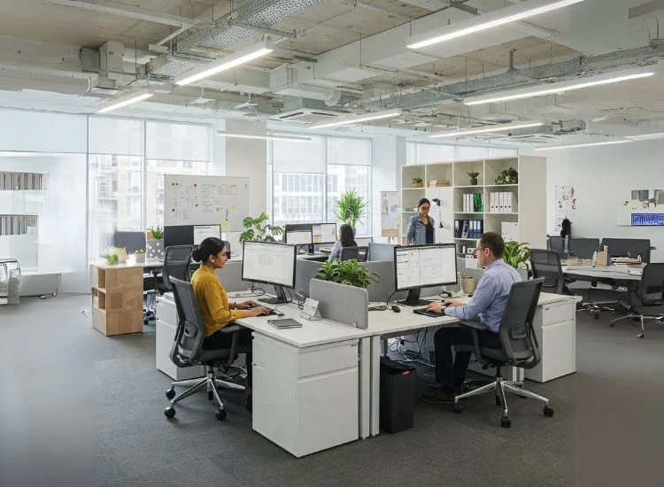 Thoughtful Office Designs Impact Productivity A thoughtfully planned small office interior design showcasing modern elements that enhance productivity, reflect smart layout, and interior design in office.