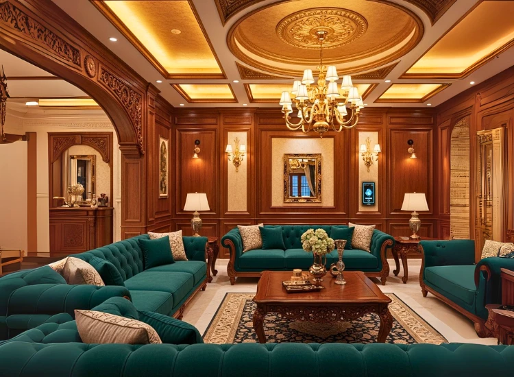 Traditional Luxury Living room interior design with lavish sofas, antique wall art, and a chandelier so grand, it probably has its own entourage.