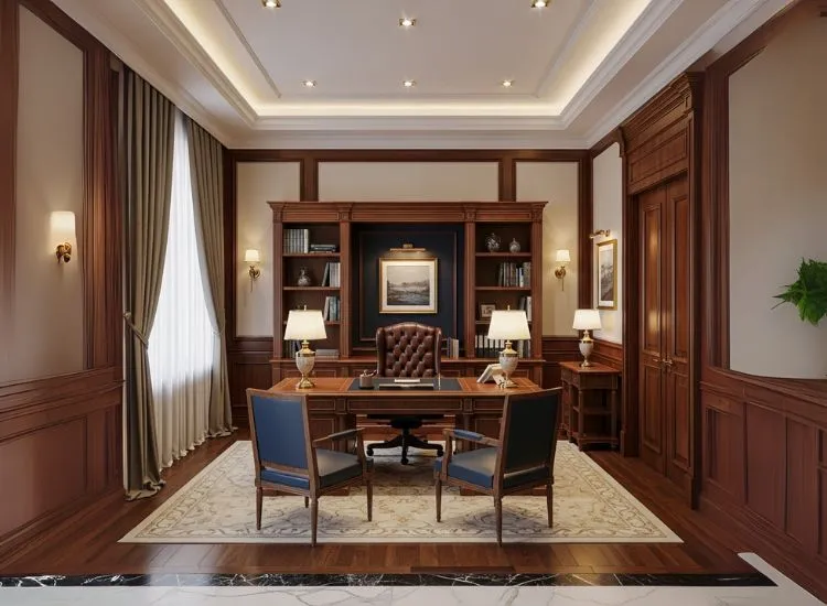 Traditional Office Interior Design A professional office setup with wooden furniture and enclosed cabins, blending corporate interior design with timeless office interior design ideas