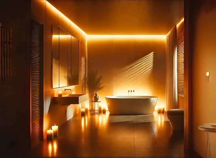 A serene bathroom with dimmable lighting creating a relaxing atmosphere. The scene includes a freestanding bathtub surrounded by warm, subdued lights,