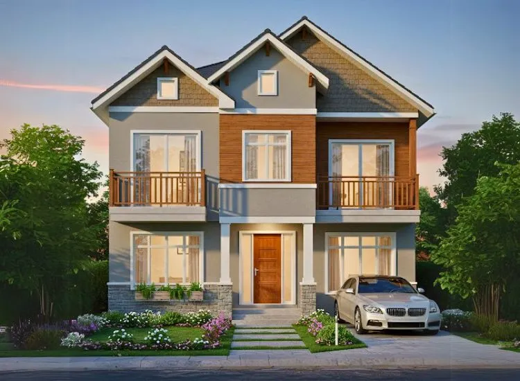 Wood Look Panels Home front elevation design with exposed brickwork and brick cladding, adding rustic charm to a modern double-floor house exterior.