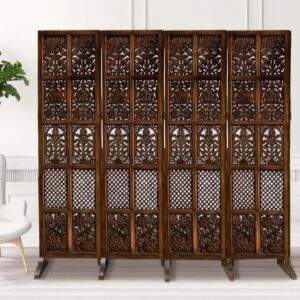 Intricately carved Wooden partition design for living room and dining space