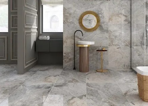 A bathroom design featuring glazed vitrified tile marble flooring, adding a luxurious touch to the bathroom