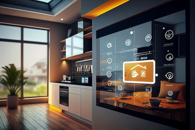 A modern kitchen with a smart home interface, allowing seamless control of appliances, lights, and devices