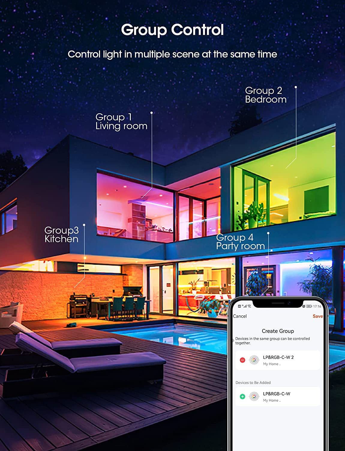 A smart home with a group control app, allowing control light in multiple scenes at the same time and seamless management