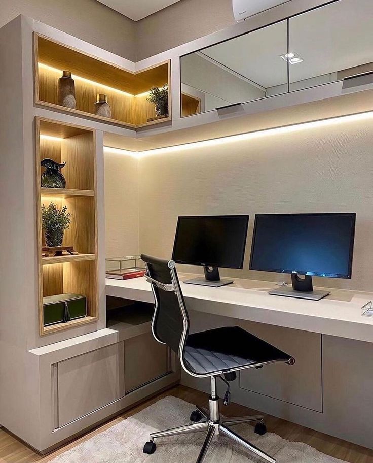A well-equipped home office desk with accent lights, providing light for a productive workspace and highlighting artifacts