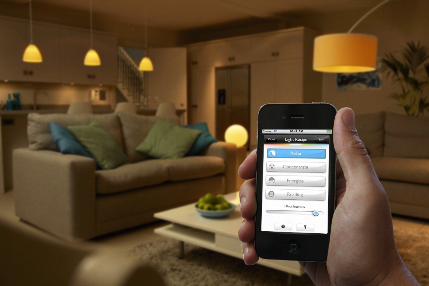 A well-lit living room with light control by a smartphone, capturing the essence of modern technology and home comfort