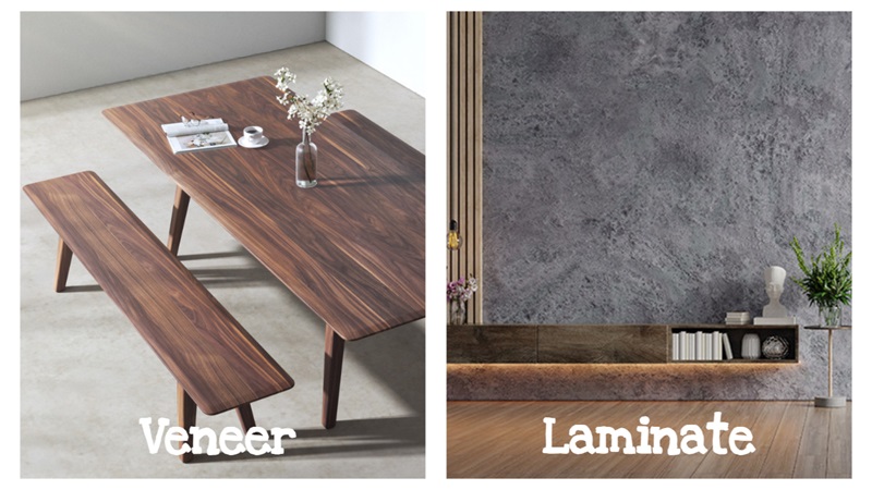 A comparison between veneer and laminate, showcasing the authentic textures and stains of veneer and laminate