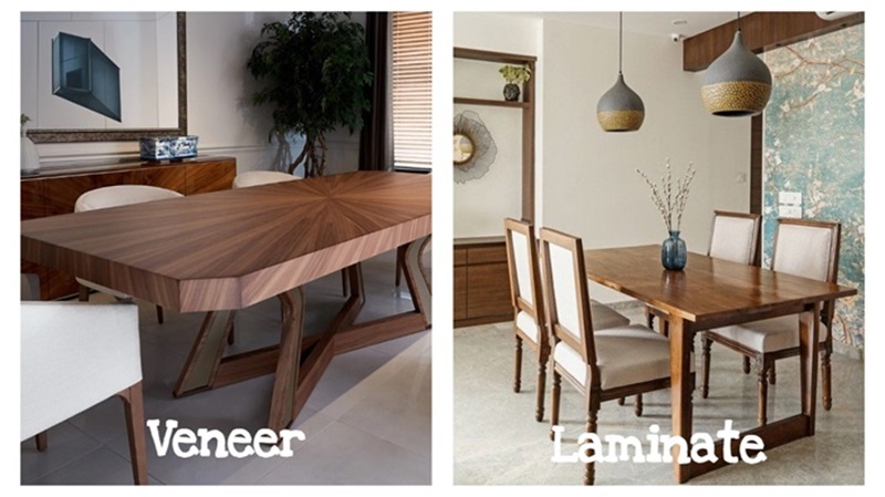 A comparison of veneer and laminate dining table design showcasing different styles and arrangements