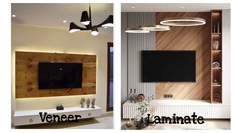 A comparison of veneer and laminate featuring veneer TV unit design and laminate TV unit design