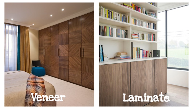 Comparison of veneer and laminate displaying wardrobe in bedroom and organized storage for bookcases