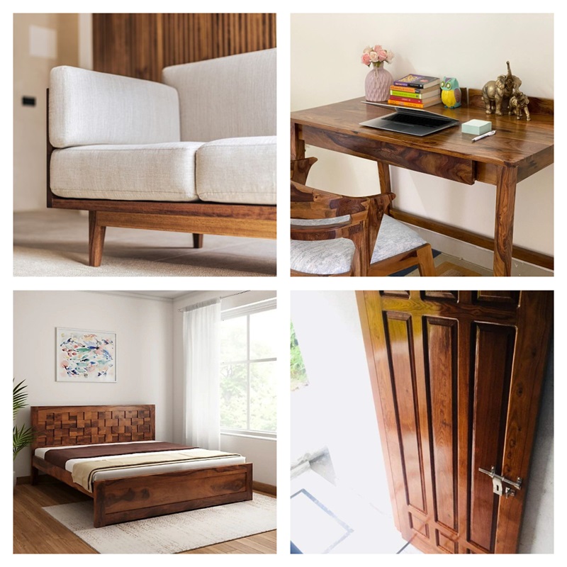 Home interior furniture showcasing sheesham wood sofa, sheesham wood study table, sheesham wood bed, and sheesham wood door