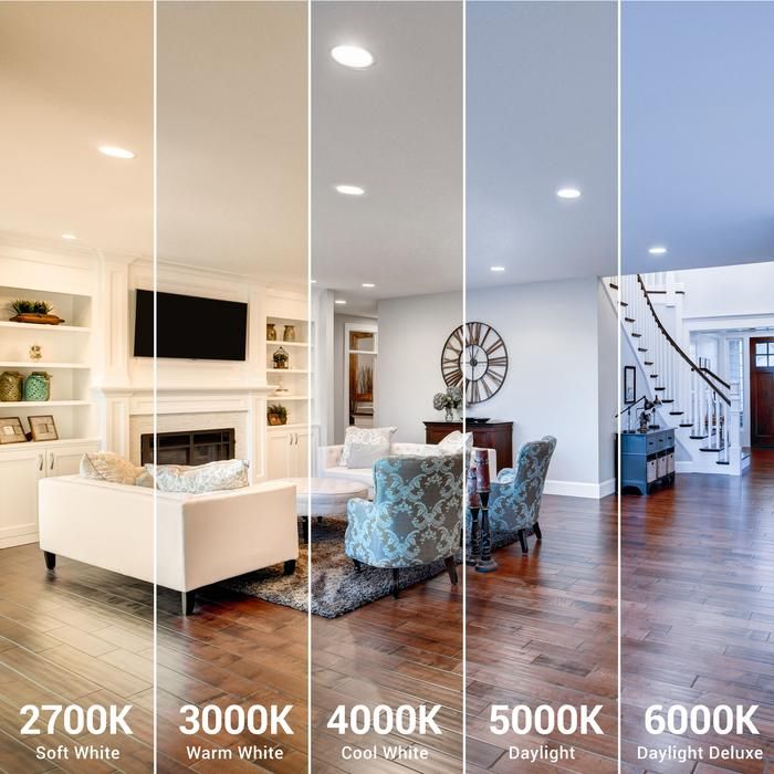 Lighting color temperatures, displaying soft white, warm white, cool white, daylight, and daylight deluxe in the living room