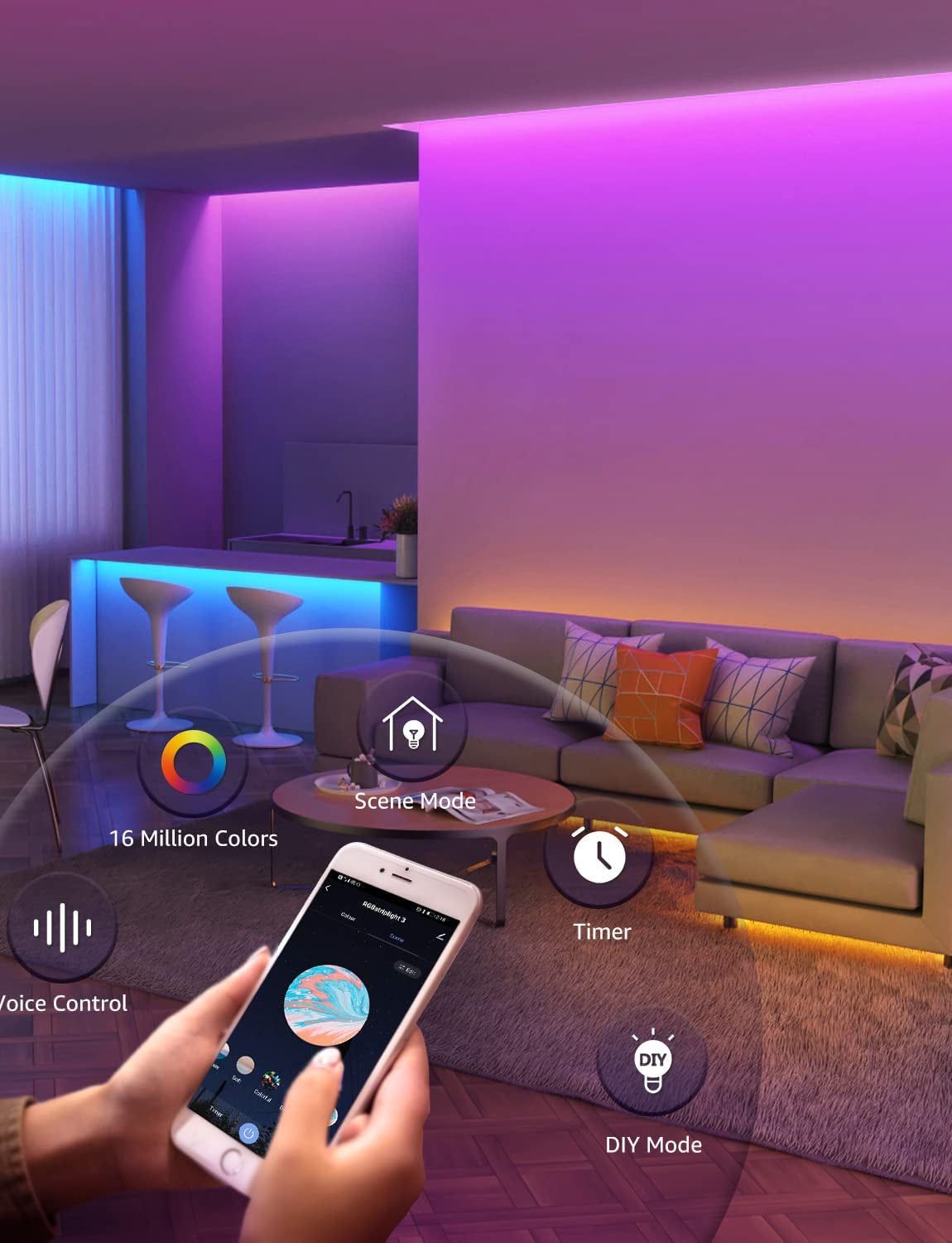 Lighting in a living room is remotely controlled through an application in mobile device