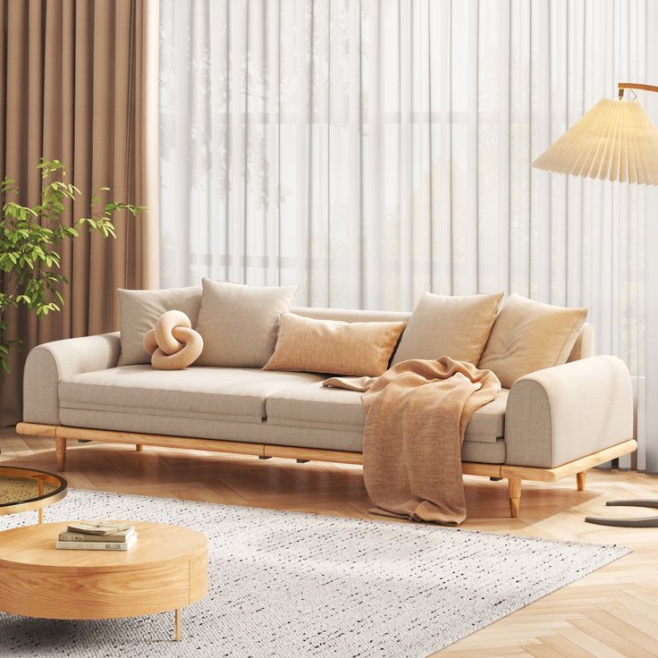 Living room with comfortable sofa and elegant coffee table made from rubber wood, and a chic lamp accentuating the ambiance