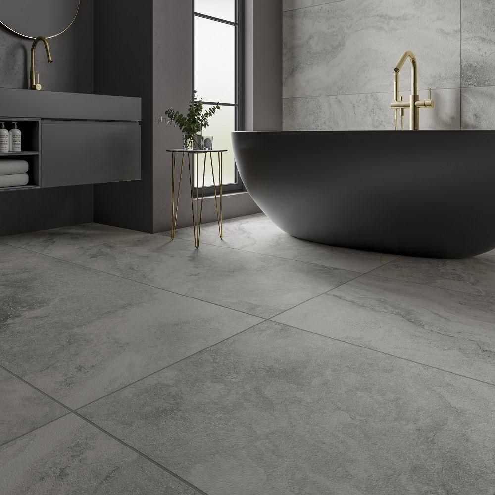 Modern bathroom with grey full-body vitrified tiles floor, exuding contemporary style and elegance