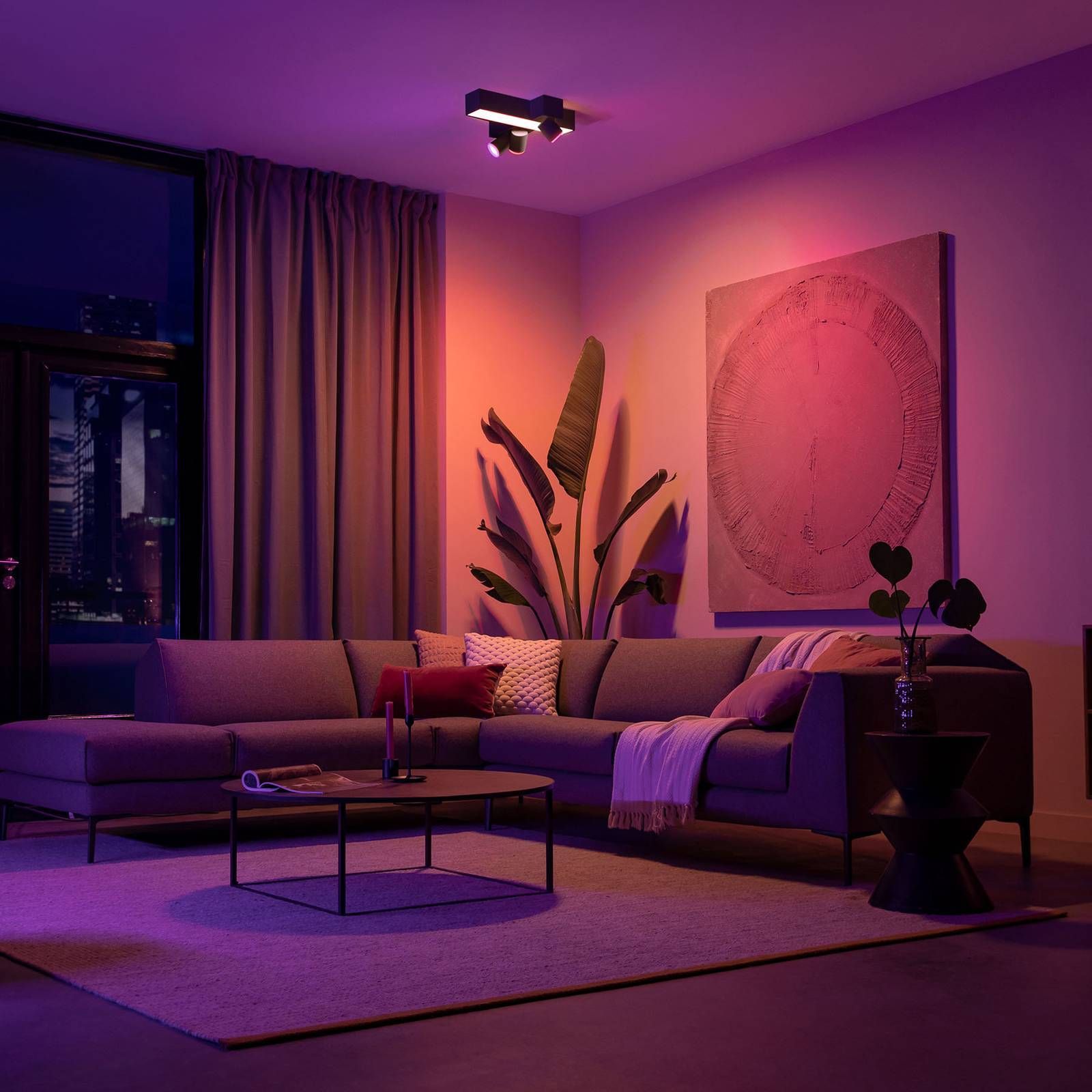 Mood lighting emits colorful light, creating a relaxing, romantic, and party atmosphere in the living space