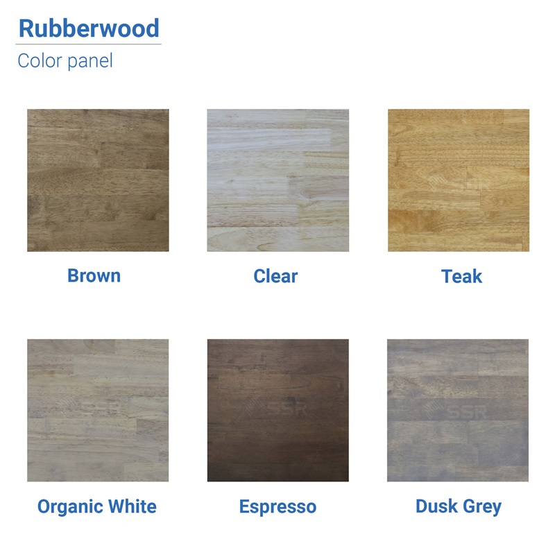 Rubber wood color panel featuring brown, clear, teak, organic white, espresso, and dusk grey color after the staining process