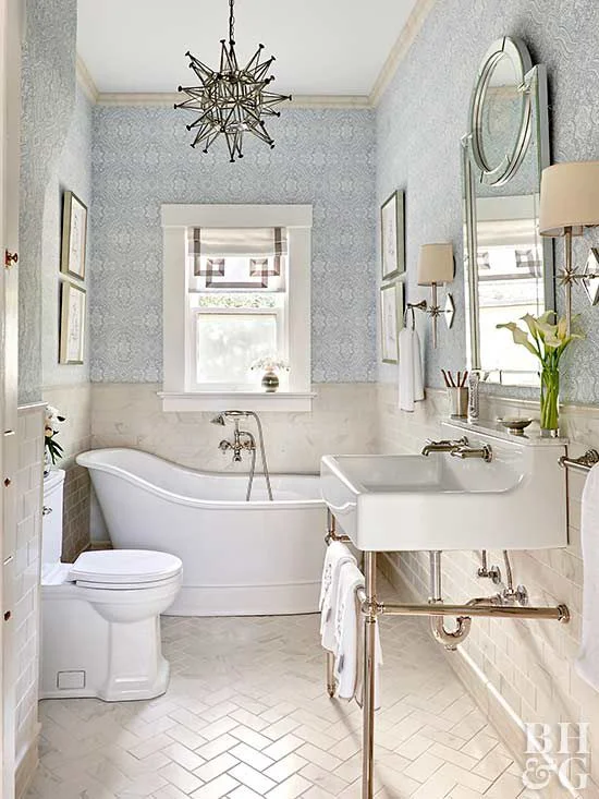 Texture adds flavor to this stately primary bathroom.