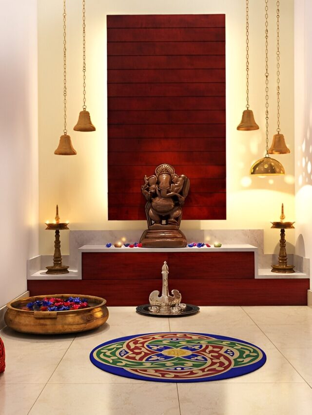 Small Pooja Room Design with Hanging Bell Hooks