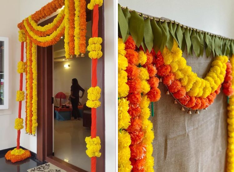 11. Diwali door toran with marigold flowers