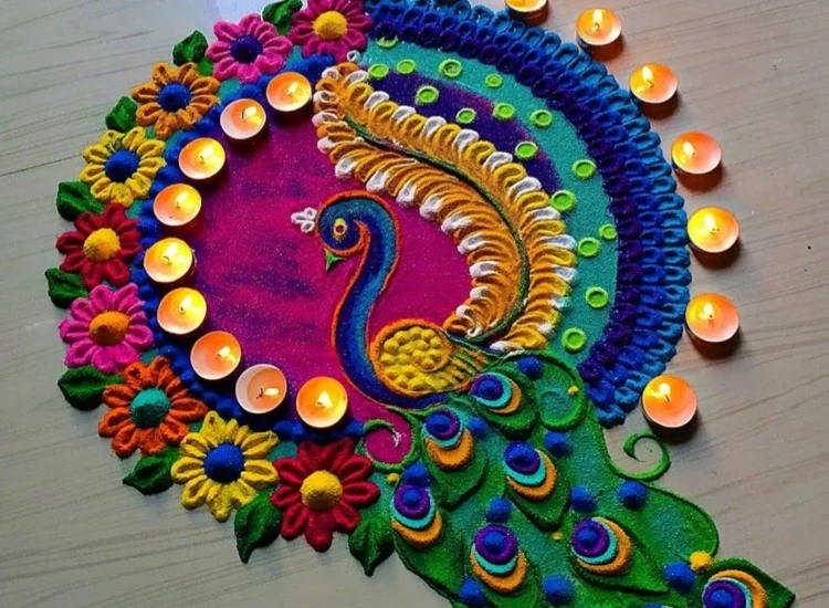 12 . Peacock Image Rangoli Intricate peacock rangoli created with bright colors, symbolizing beauty and prosperity during Diwali.
