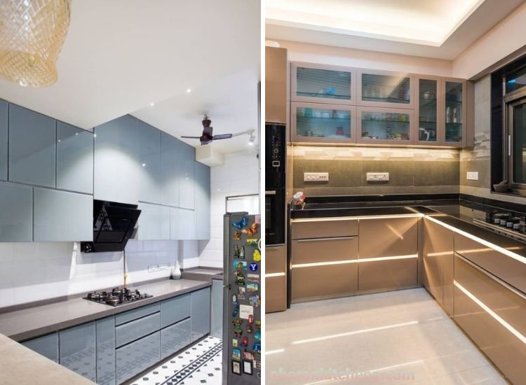 A kitchen with blue acrylic finish laminate sheet and a refrigerator with a magnets, featuring a unique design of black and white tiles