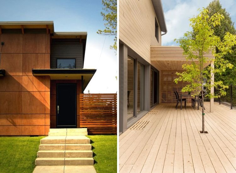 A modern house with a wooden front door made of hardwood plywood