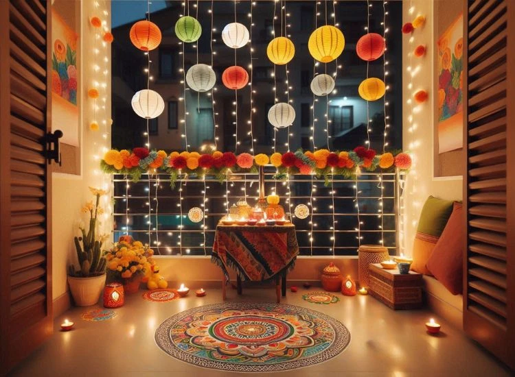 15. Beautiful balcony design for diwali A beautiful balcony decoration for diwali, with different lanterns hanging and a rangoli design complemented by a soft, warm LED lighting.