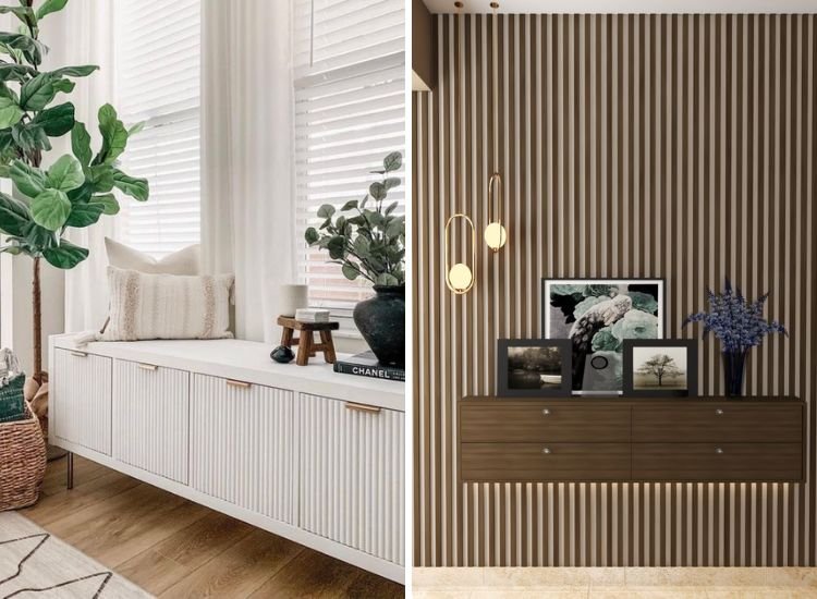 A white and wood bench with a plant in front of it, showcasing a fluted finished laminate design with a wooden flooring