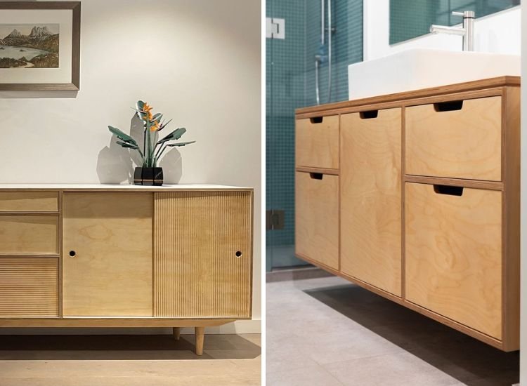 A sideboard with drawers and a plant on it, showcasing the beauty of plywood