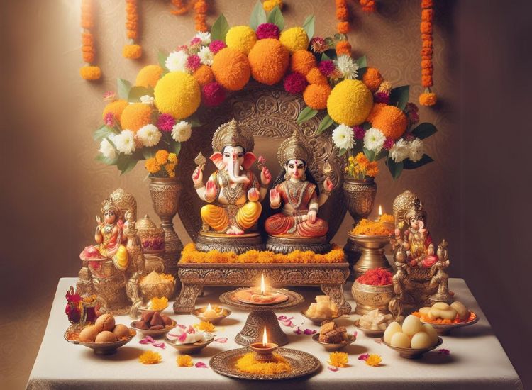 Traditional Diwali puja table adorned with diyas, flower garlands, and sweet offerings, creating a festive atmosphere