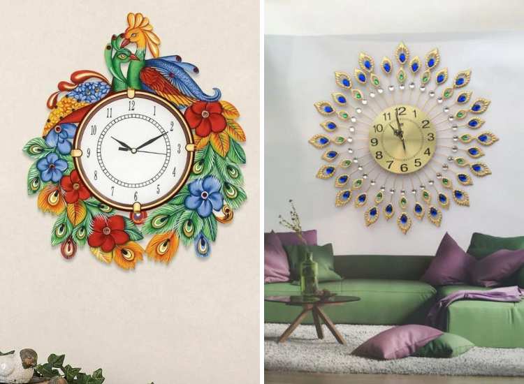 Elegant metallic wall clock featuring a peacock feather design, alongside an ethnic clock with two peacocks and floral motifs.