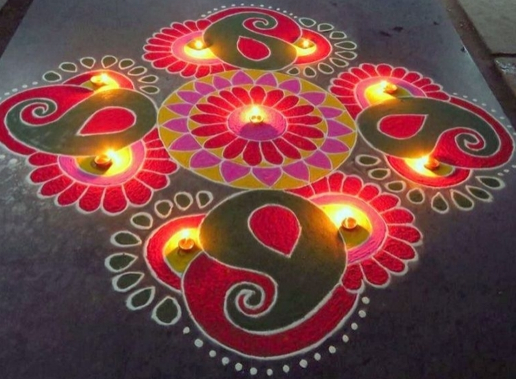 Intricate diya rangoli showcasing a blend of colors and lights, symbolizing warmth and joy during Diwali