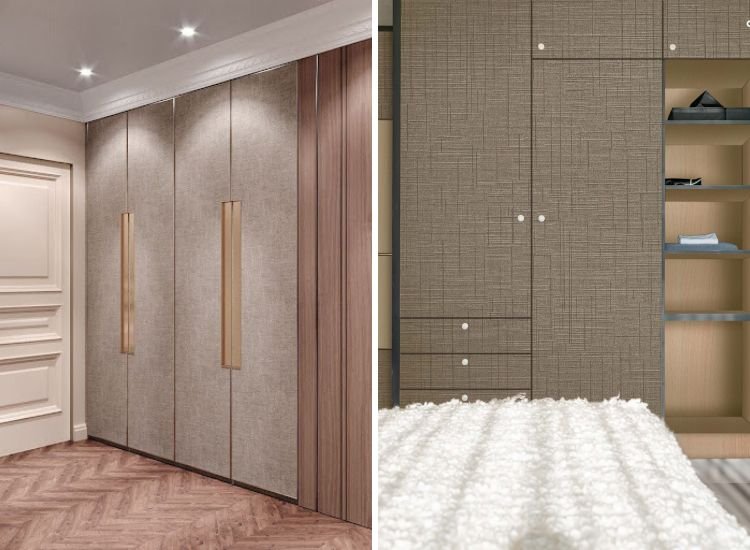 A contemporary wooden closet with golden handles and mirror, featuring fabric finished laminate for a modern touch