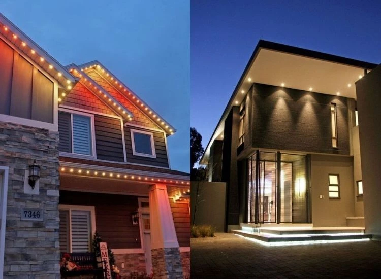 16. Facade Lighiting Diwali lighting photo with colorful paper lanterns, fairy lights, and diyas creating a joyful festive atmosphere.