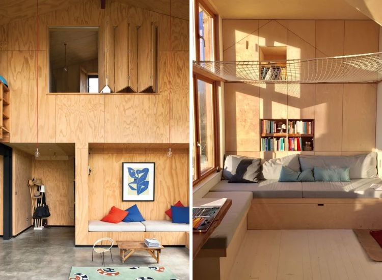 16. Plywood boards and walls A cozy living room with wooden walls and a comfortable couch. The room is adorned with a plywood board