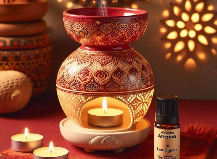 16.Aroma Diffuser Oil with Burner The AirRoma Ceramic Aroma Red Air Diffuser Burner creating a soothing atmosphere