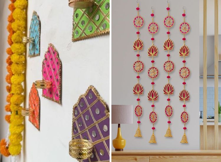 DIY wall hangings made with eco friendly materials and artificial hangings with lotus theme.