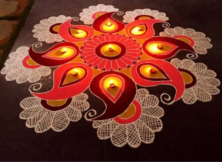 17. Rangoli Design Stunning diya rangoli displayed at the entrance, combining artistry and tradition for the Diwali festivities