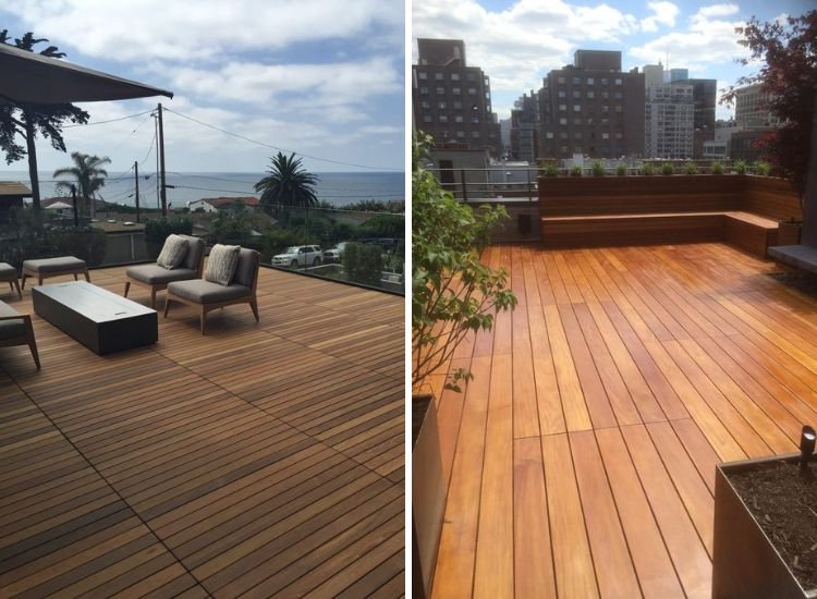 A wooden deck with furniture overlooking the ocean. Made of softwood plywood