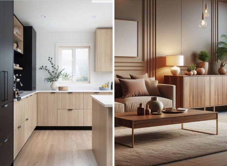 A contemporary kitchen featuring sleek wooden cabinets and white countertops, complemented by a solid wooden finished laminate