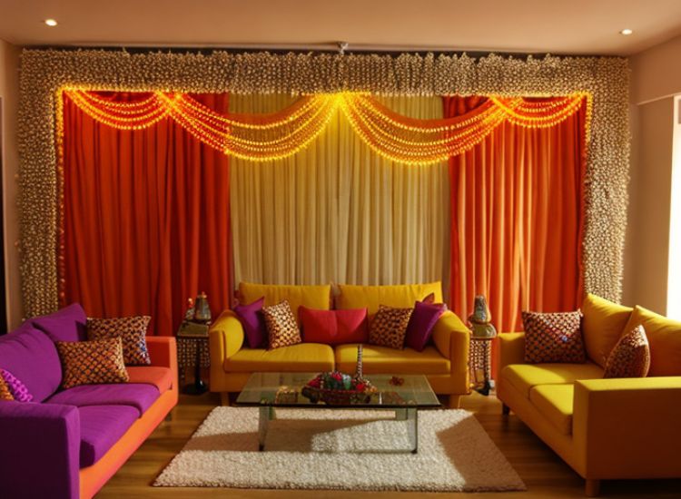 18. Curtains and sofa cushions for diwali decor