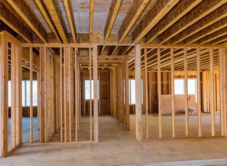 19. Structural plywood load bearing walls A room with wooden framing and structural plywood load bearing walls