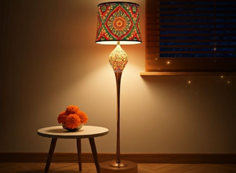 Vibrant Diwali lighting photo capturing the glow of lamps and candles surrounded by colorful decorations.