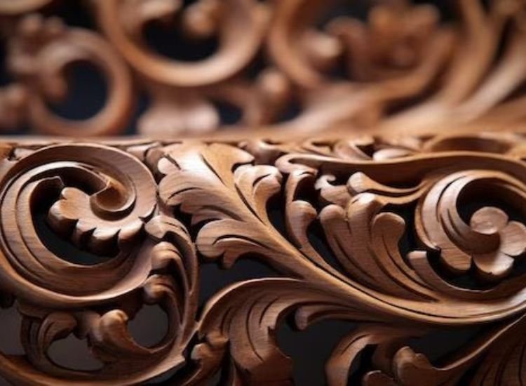 Close up of a intricately carved of traditional furniture, showcasing the craftsmanship and detail