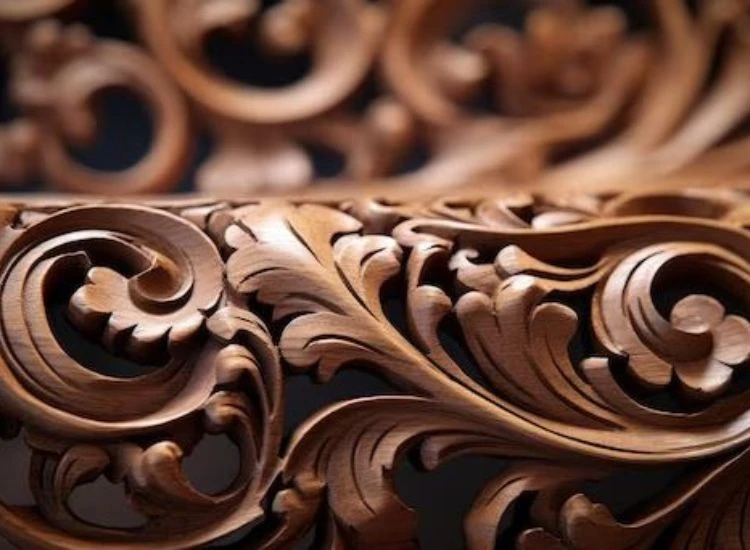 2. Intricate wood carving Close up of a intricately carved of traditional furniture, showcasing the craftsmanship and detail