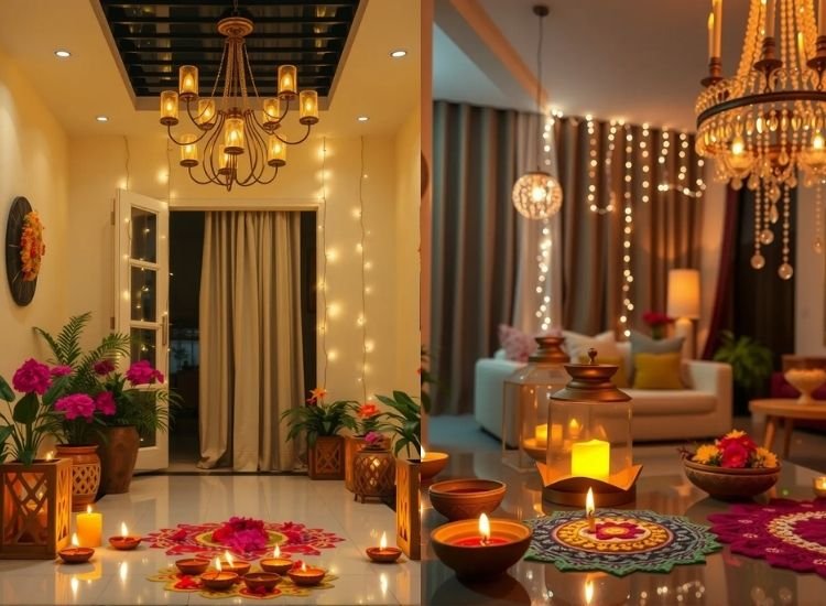 A vibrant Diwali lighting photo capturing the festive glow of colorful lights decorating homes and streets