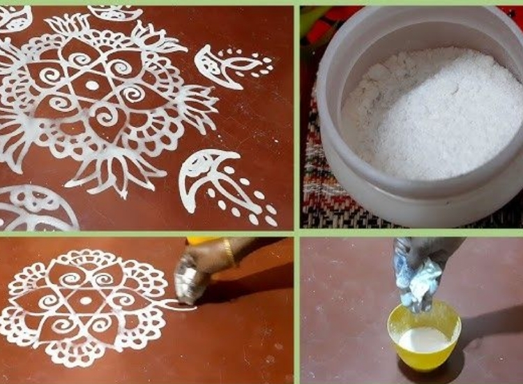 Wet rangoli design for Diwali, featuring flowing colors and intricate patterns that celebrate the festive spirit