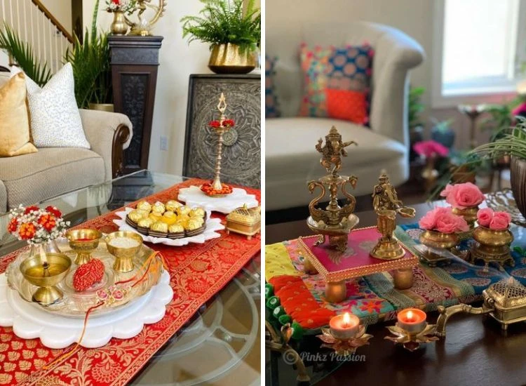 20. Center Table decoration diwali Elegant living room center table adorned with a puja thali, deity idols, flowers, and prasads on a plush cloth